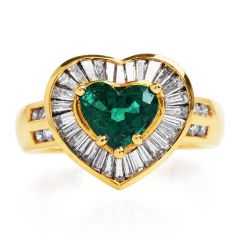 Estate  Diamond Heart Cut Emerald 18K Yellow Gold Romantic Cocktail Ring