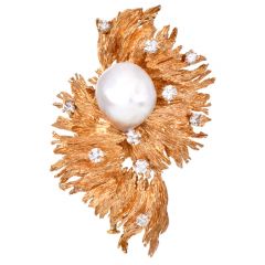 Chaumet Paris Retro Diamond Baroque Pearl 18k Gold Brooch-Dover Jewelry