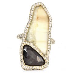 Monique Péan Black Rose Cut Diamond Fossilized Walrus Ivory 18K Gold Halo Cocktail Ring