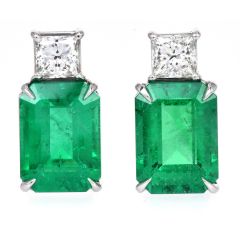 Estate Princess Cut Diamond Emerald Platinum Elegant Stud Earrings|DoverJewelry|