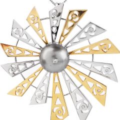 Estate Diamond South Sea Pearl 18K Two-Tone Gold Windmill Exquisite Pendant