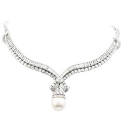 25.30cts Diamond South Sea Pearl Platinum Dangle Choker Necklace