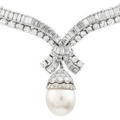 25.30cts Diamond South Sea Pearl Platinum Dangle Choker Necklace 