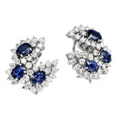 Estate 16.79cts Diamond Blue Sapphire 18K Gold Floral Clip On Earrings