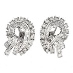 Art Deco Design 5.50cts Diamond Platinum Oval Floral Clip On Earrings