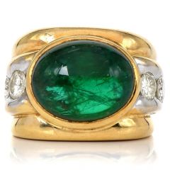 Retro Vintage Diamond Cabochon Emerald 18K Gold Wide Mens Ring