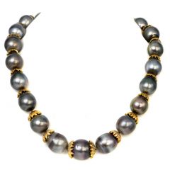 Vintage Diamond 18mm Tahitian Pearl 18K Gold Floral Graduated Necklace 