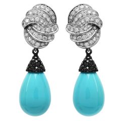Signed White Black Diamond Turquoise 18K White Gold Crossover Dangle Drop Earrings 