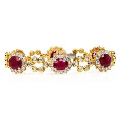 Estate Diamond Ruby 18K Yellow Gold Flower Halo Link Bracelet