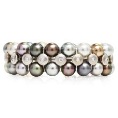 Estate Diamond South Sea Multicolor Pearl 18K Gold Wide Cuff Bracelet