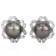 Estate South Sea Pearl 6.00cts Floral Diamond Gold Earrings-Dover Jewelry