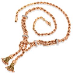 Vintage Diamond 18K Yellow Gold Rope Chain Tassel Drop Necklace|Dover Jewelry|