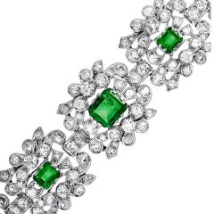 Vintage Diamond Colombian Emerald Platinum Flower Link Bracelet