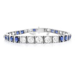 Antique French European Diamond Sapphire Platinum  Line Tennis  Bracelet