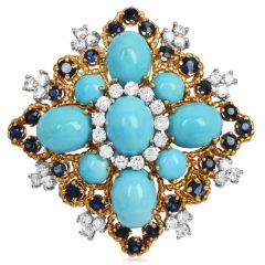 Vintage 1960s Turquoise, Diamond & Sapphire 18K Yellow Gold Brooch Pin 