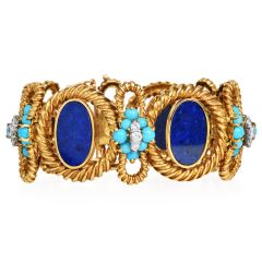Vintage La Triomphe Lapis, Persian Turquoise & Diamond 18k Yellow Gold Wide Bracelet 
