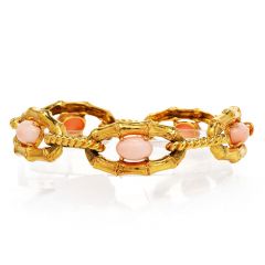 Vintage Retro French Pink Coral 18K Yellow Gold Bamboo Rope Link Bracelet