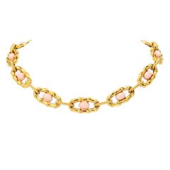 Vintage Retro French Pink Coral 18K Yellow Gold Bamboo Rope Link Necklace