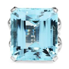Retro Vintage GIA Certified Genuine Aquamarine 18K White Gold Cocktail Large Ring