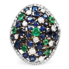 Estate Diamond Colombian Emerald Sapphire 18k  Cluster Cocktail Ring