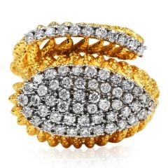 Vintage Retro Diamond 18K Gold Snake Textured Cluster Bypass Pave Cocktail Ring