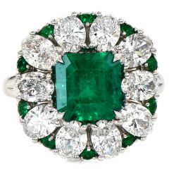 Estate Emerald Diamond Platinum Flower Cocktail Ring