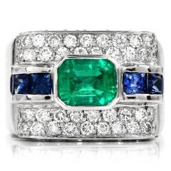 Emerald Blue Sapphire Diamond 18K White Gold Rectangular Cluster Cocktail Ring