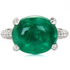 Estate Cabochon Emerald Diamond 18K White Gold Cluster Cocktail Ring
