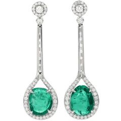  Double Cabochon Emerald Diamond 18k Gold  Drop Dangle Earrings