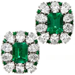 Estate Diamond Emerald Platinum Flower Clip-On Earrings