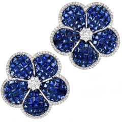 Estate 22.05 ct Blue Sapphire Diamond 18K White Gold Pave Large Flower Earrings 