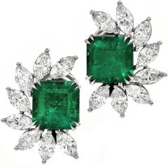 Diamond Emerald Platinum Half Halo Clip-On Flower Earrings