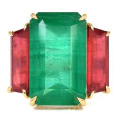 Designer Cris Ruas GIA 15.67ct Emerald Ruby 18K Yellow Gold Cocktail Ring