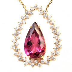 Designer Cris Ruas GIA Pink Tourmaline Diamond 18K Yellow Gold Drop Pendant Chain Necklace