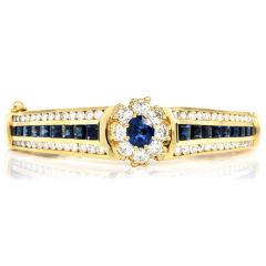 GIA 13.90ct Blue Sapphire Diamond 18K Yellow Gold Retro Flower Bangle Bracelet
