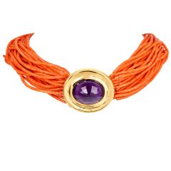 1970s Multi Strand Red Natural Coral Necklace with Jumbi Amytyst Clasp