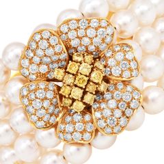 Diamond Flower 5Rows Pearl 18K Yellow Gold Cuff Bracelet |Dover Jewelry|