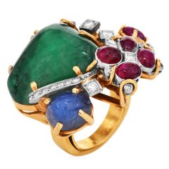 Seaman Schepps 18K Yellow Gold Cabochon Ruby, Emerald, Sapphire & Diamond Ring