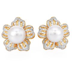 1980s  10mm Pearl & Pave Diamond Platinum Clip-Back Earrings|Dover jewelry|