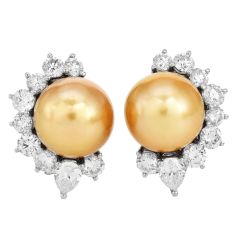11mm Golden Southsea Pearl 18K White Gold Statement Earrings |Dover Jewelry|
