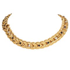 Van Cleef & Arpels Sapphire & Diamond Link Choker 18k Gold Necklace And Bracelets
