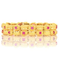 Tiffany & Co. Vintage Retro Ruby  18K Yellow Gold Bead Textured Link Bracelet