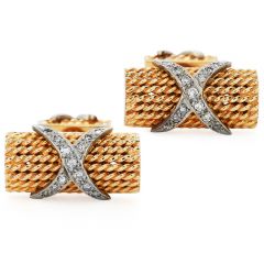 Vintage Diamond 14K Gold Elegant Rope Texture X Cufflinks