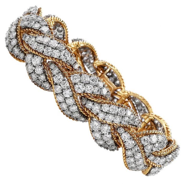 Vintage Diamond 18K Two-Tone Gold Cluster Braided Link Bracelet