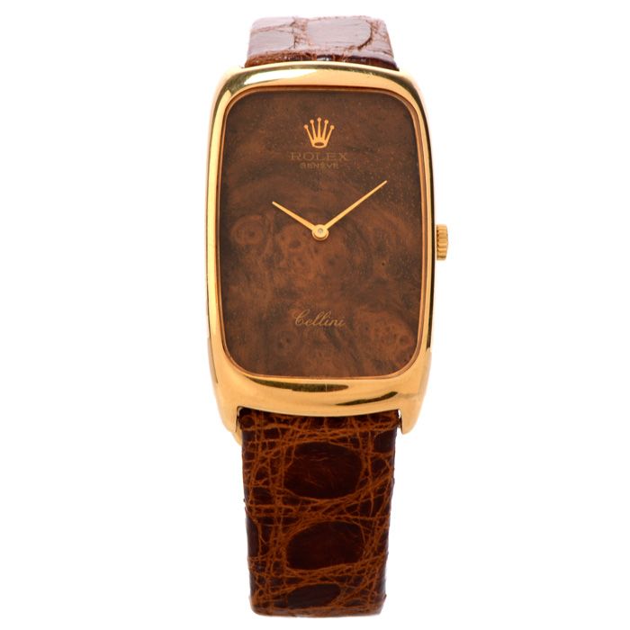Vintage Rolex Cellini 18K Gold Wood Dial Leather Watch