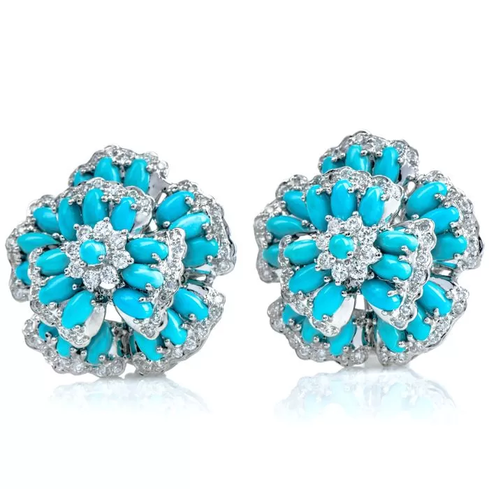 Elegant Diamond Fine Turquoise 18K Gold Blue Flower Clip on Earrings
