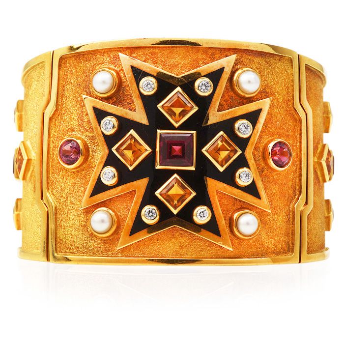 Verdura Vintage Maltese Cross 18K Gold Multi Gem Enamel Gold Bangle Bracelet