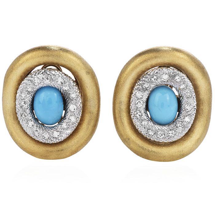 1970's Diamond 4.90ct Turquoise 18K Gold Elegant Large Earrings