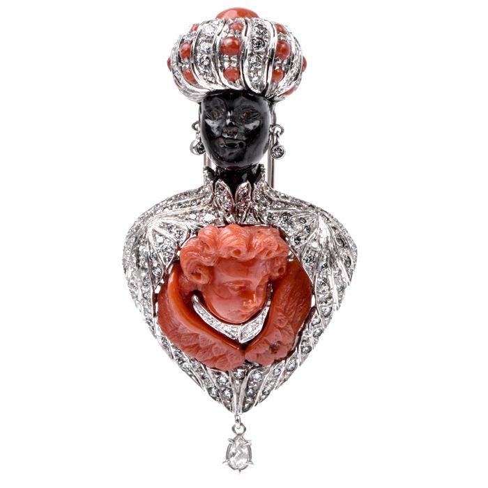 Giulio Nardi Jewelry Giulio Nardi Giulio Nardi antique Blackamoor Antique jewelry Blackmoor jewelry Vinatge Coral Blackamoor pin Vinatge diamond 18k Gold Lapel Brooch