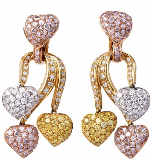 Estate GIA Fancy Natural Pink, Yellow & White Diamond  Gold Pendant Earrings